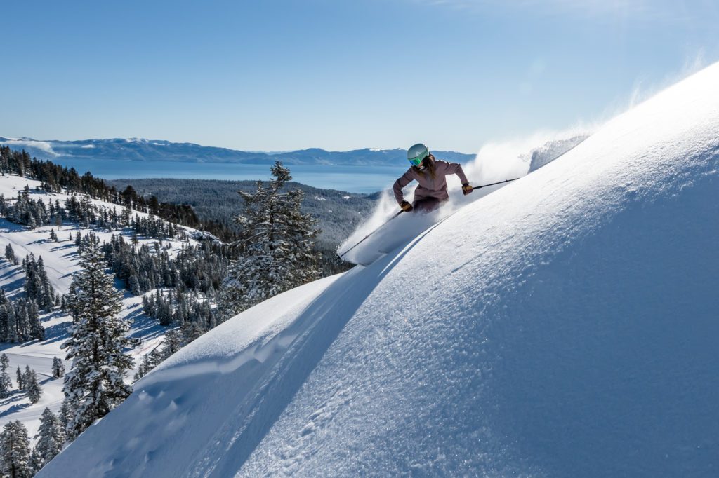 Skier on a powder day at Alpine Meadows off Treeline Cirque Chairlift