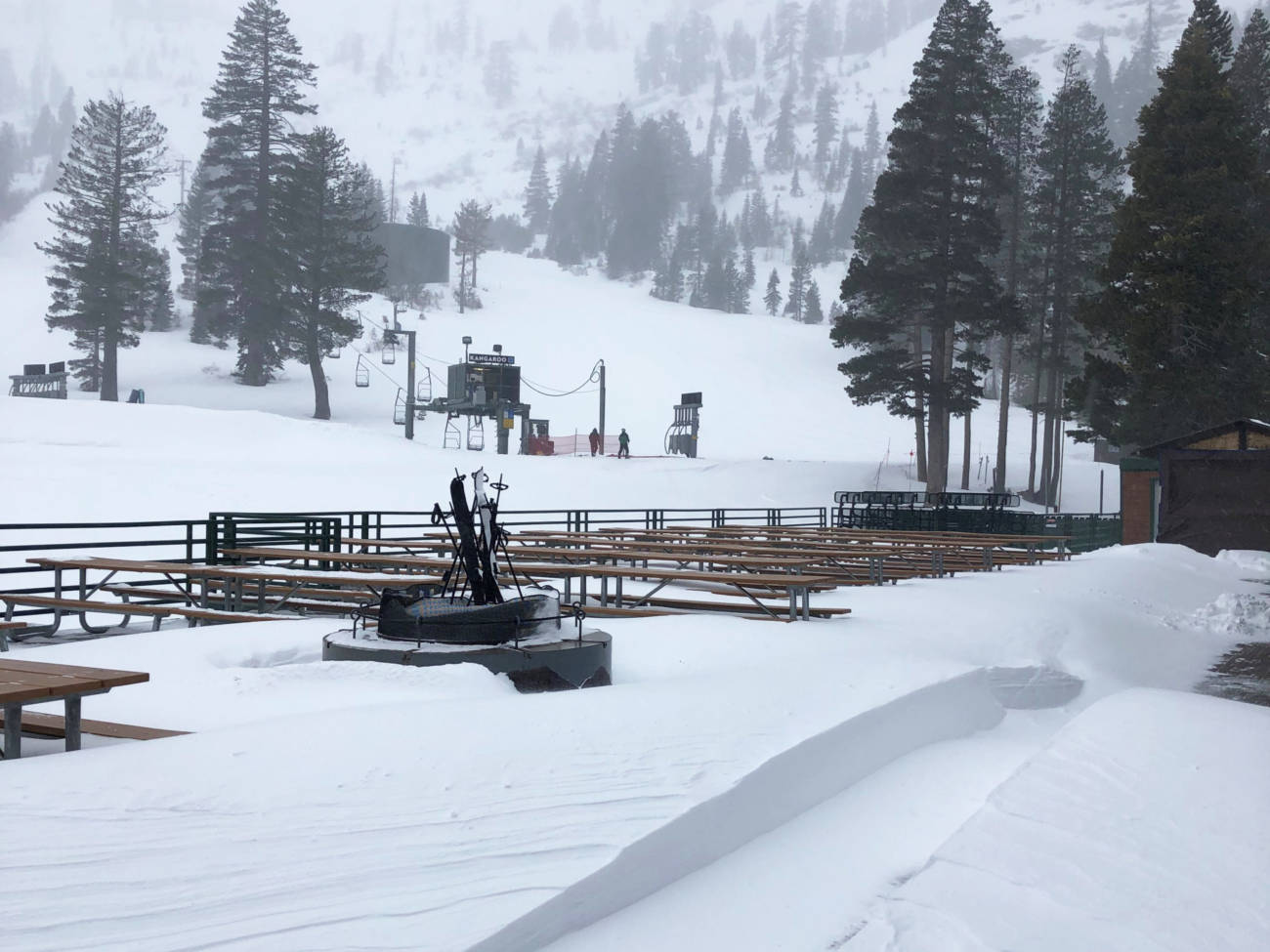 Snow accumulation on the Alpine Meadows deck on January 27, 2021