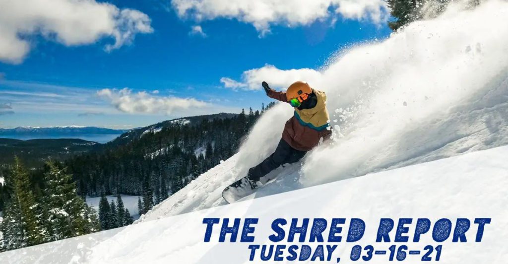 Snowboarder spraying powder on the backside of Alpine Meadows on a bluebird March day