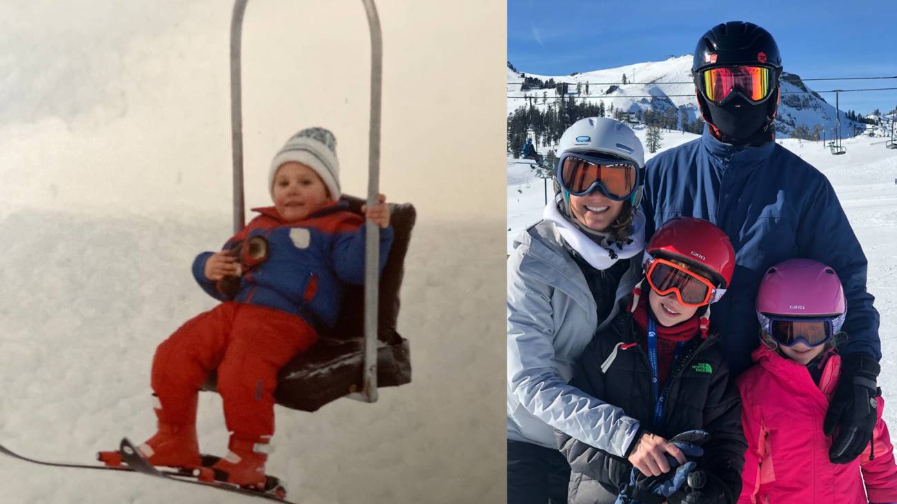 Sarah Ruano as a young kid skiing at Olympic Valley in 1982 vs. with her husband and two kids in 2019.