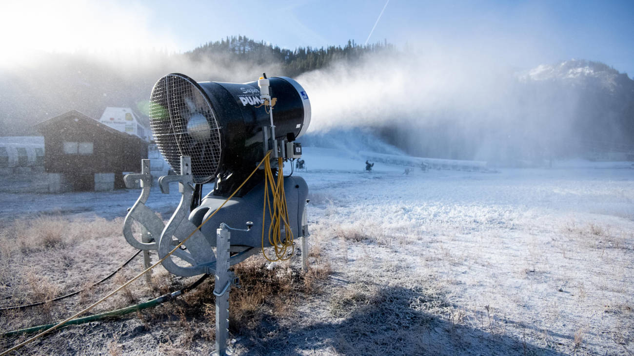Snowmaking equipment at the Olympic Valley base area at Palisades Tahoe