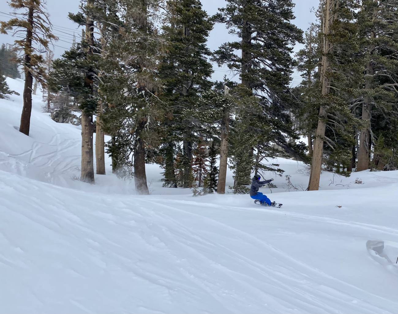 Snowboarding at Palisades Tahoe after 3" of new snow