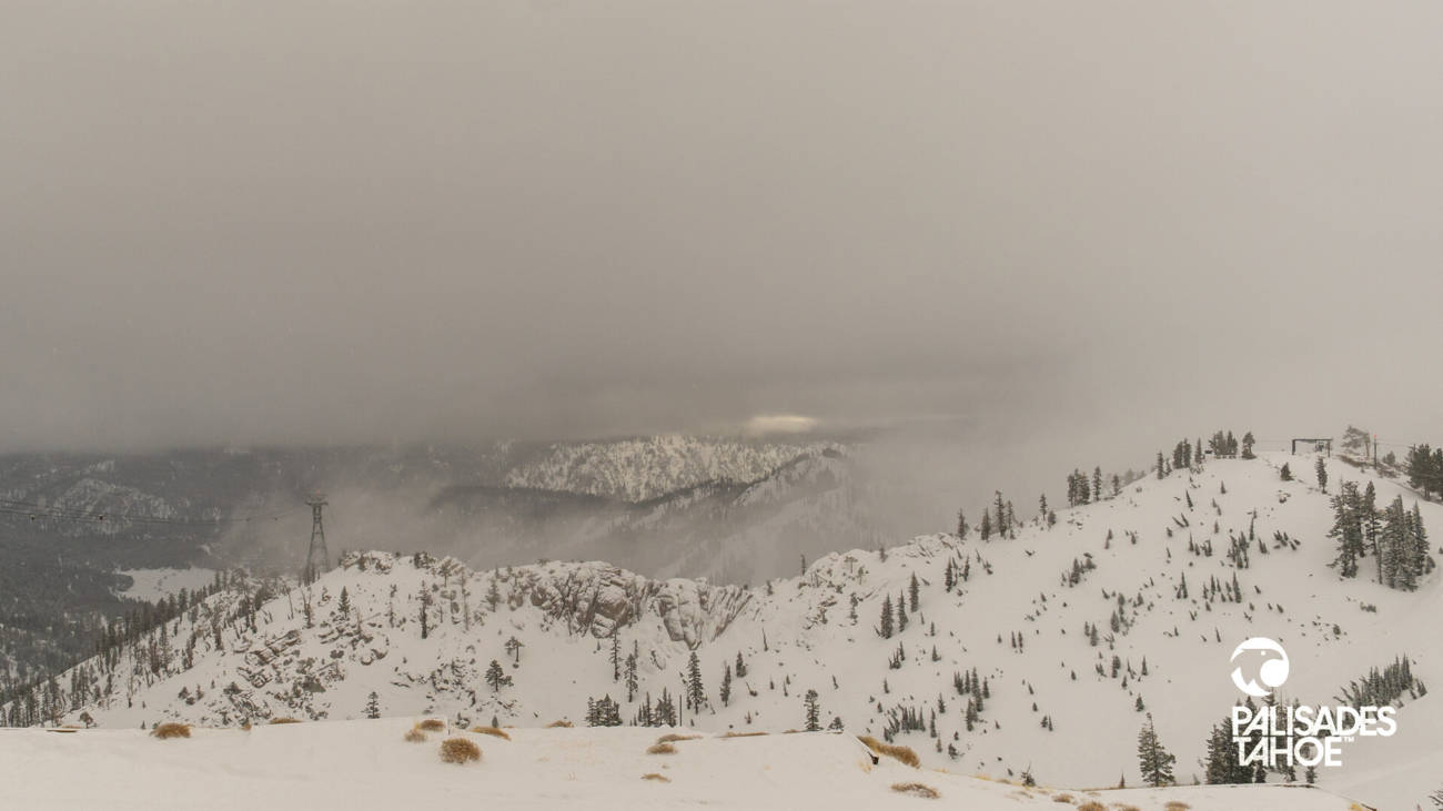 Snapshot with new snow from the Palisades Tahoe webcam at High Camp