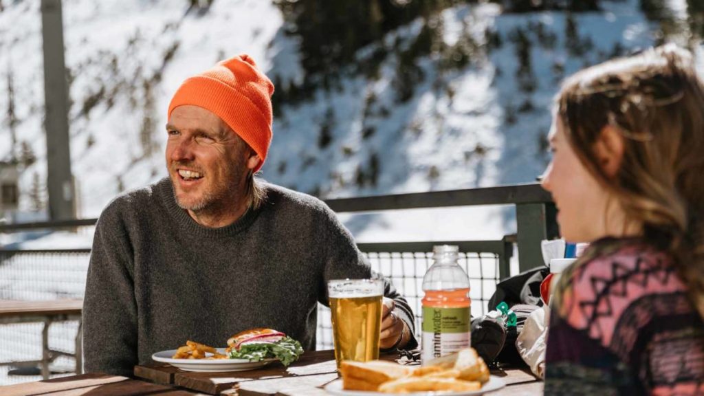 A couple enjoys a meal at June Mountain. 