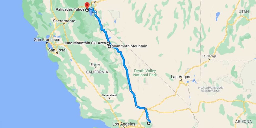A map showing the route across eastern California that connects the four ski resorts.