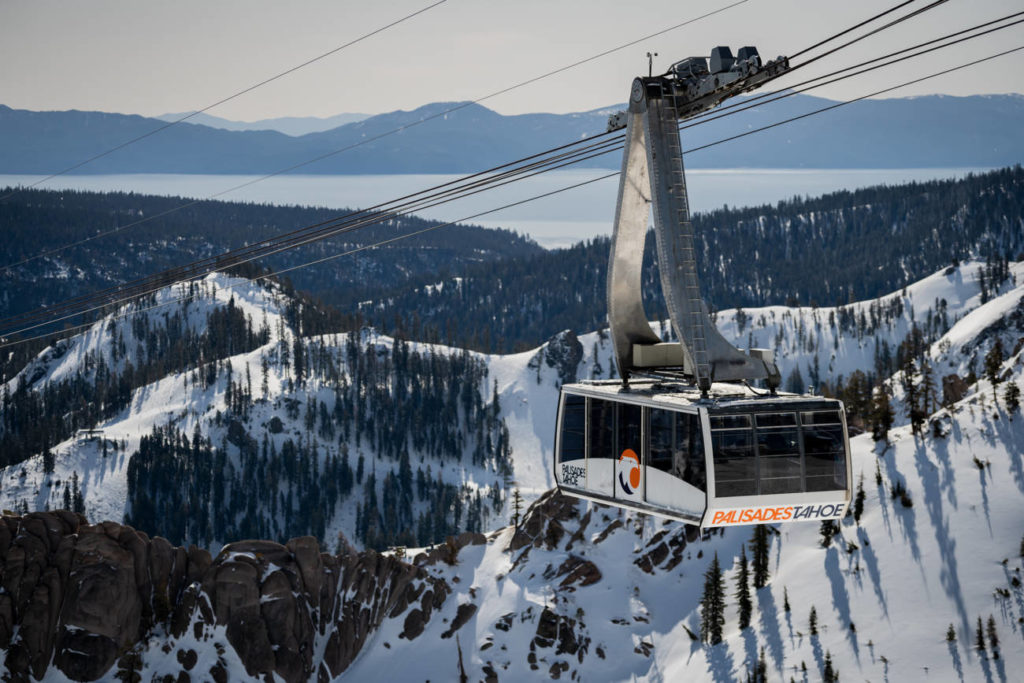 The Palisades Tahoe Aerial Tram in the wintertime.
