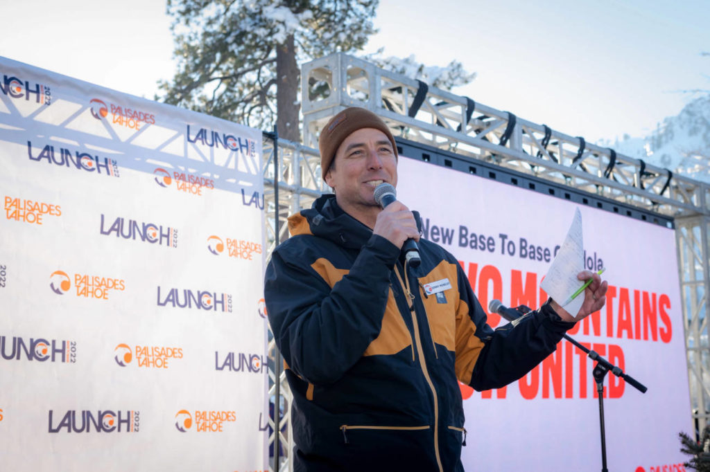 Jonny Moseley giving a speech at the Grand Opening celebration for the Base to Base Gondola
