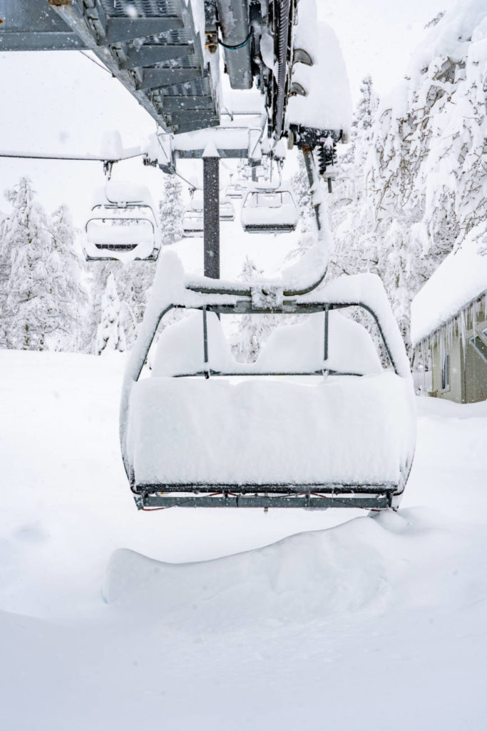 A chairlift buried in snow in Lake Tahoe.