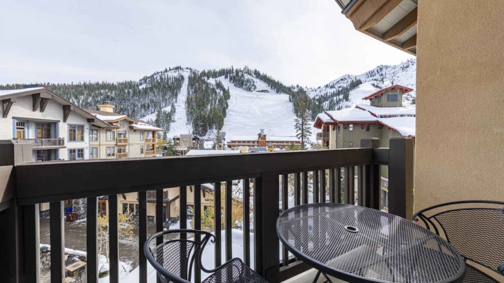 A balcony in the Alpine Chateau Suite in The Village at Palisades Tahoe.