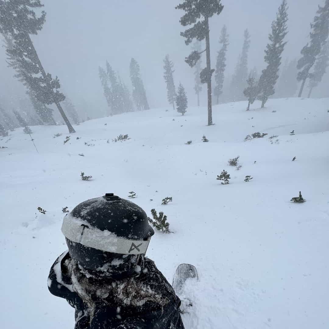Palisades Tahoe, california, snowing, snowboarder, deep snow