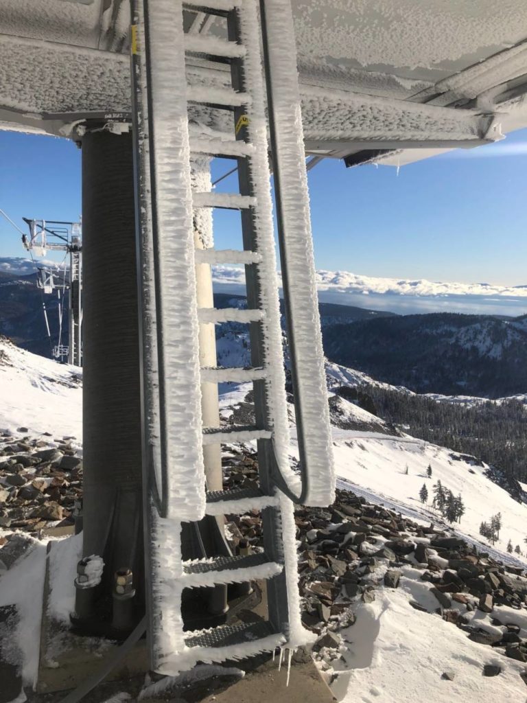 A ladder at the top terminal of Headwall completely frozen over