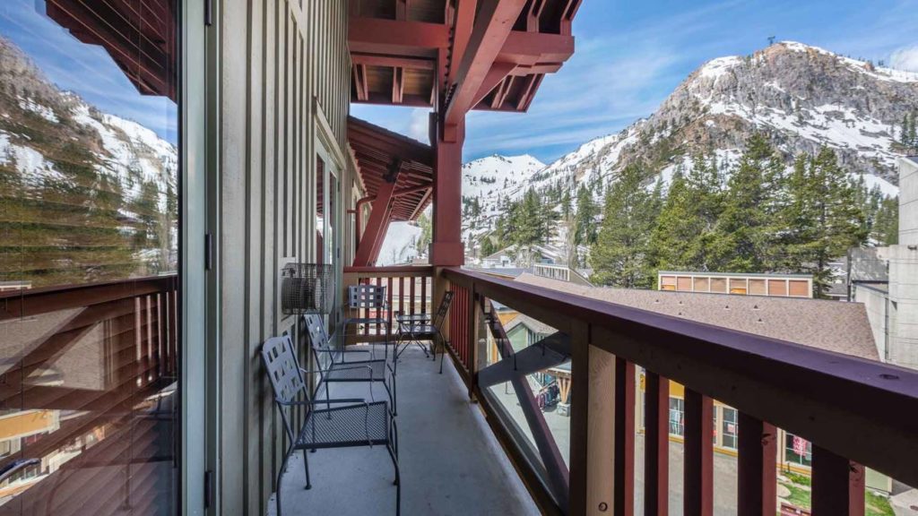 The balcony in the Alpine Chateau Suite in The Village at Palisades Tahoe.