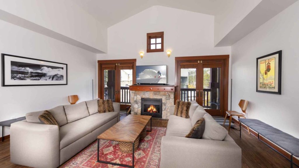 The fireplace n the Tram Face Suite in The Village at Palisades Tahoe.