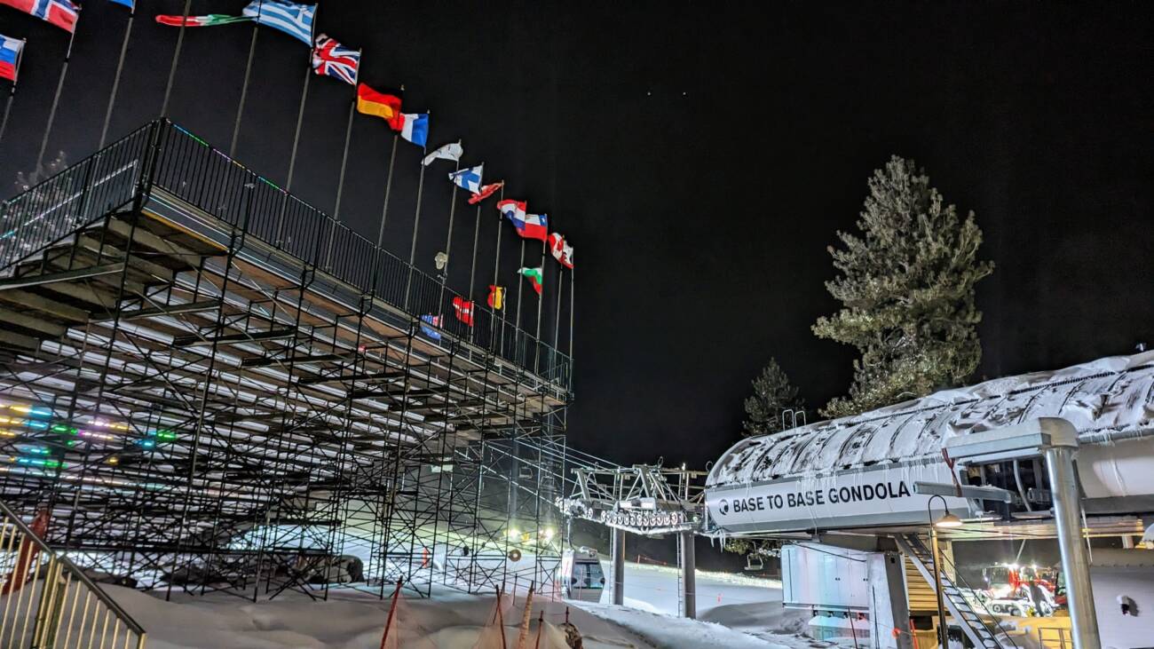 The grandstands set up by the Base to Base Gondola for the Stifel Palisades Tahoe Cup.