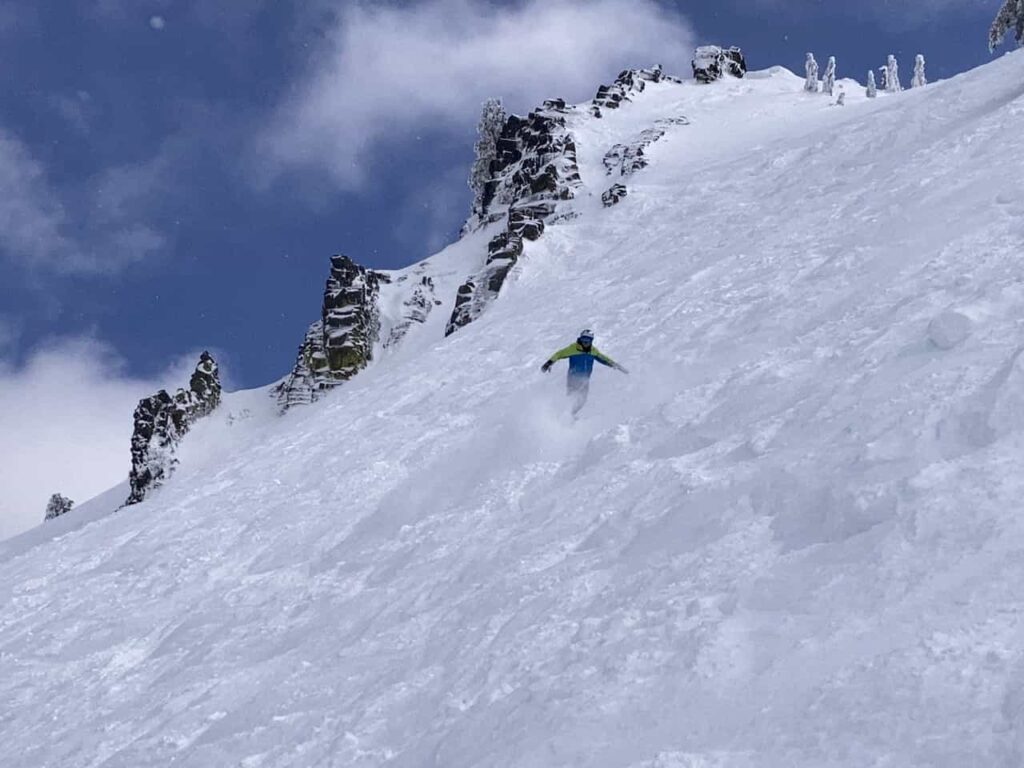 skier in powder at palisades