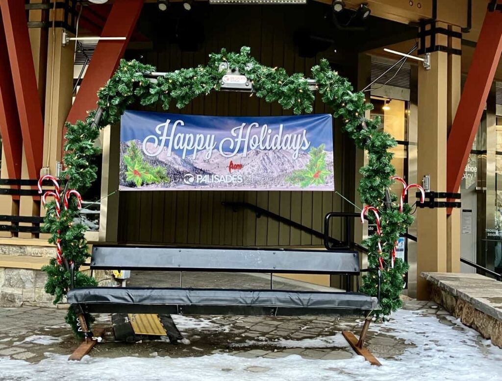 Happy Holidays sign at Palisades Tahoe ski resort california