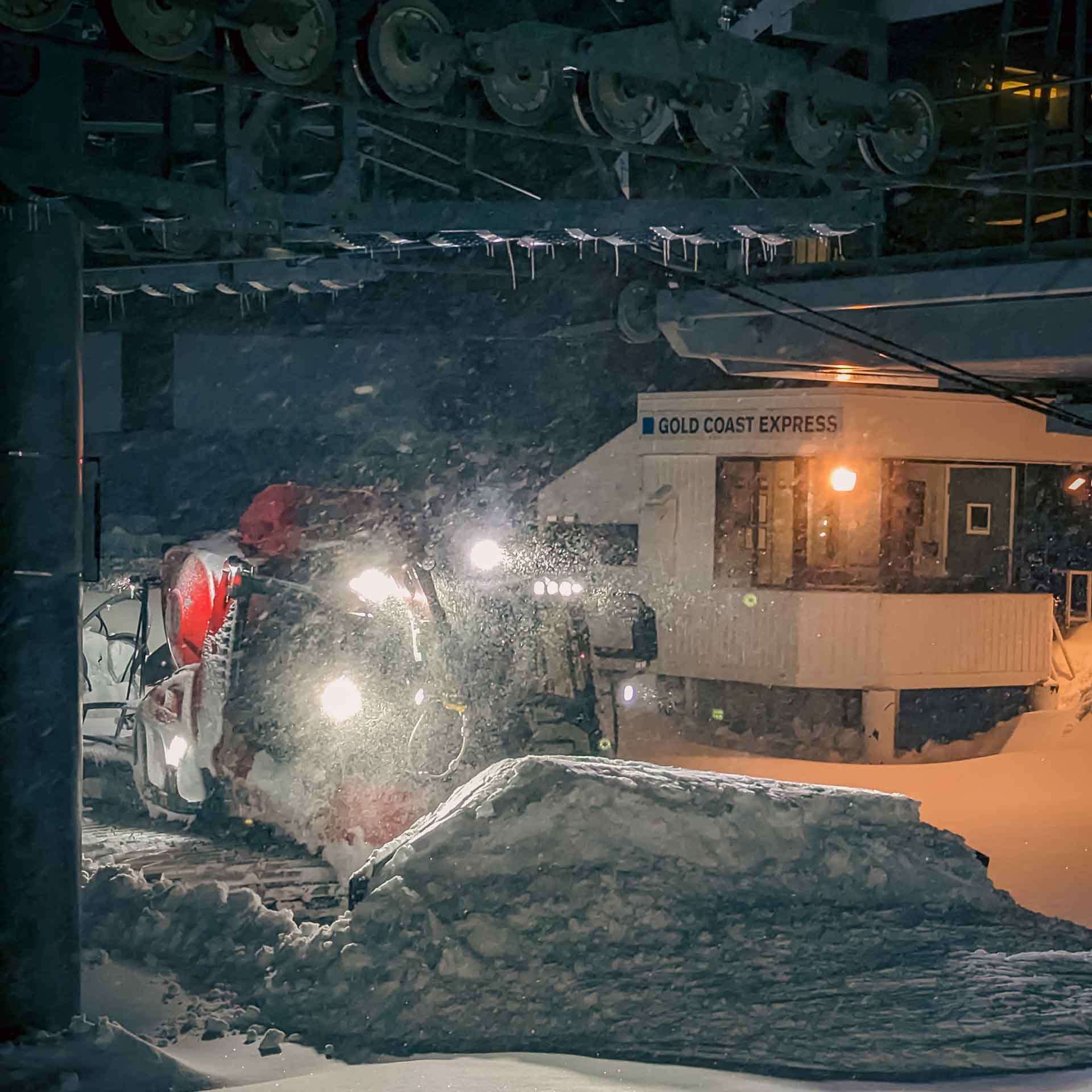 A snowcat digging out the Gold Coast chairlift.