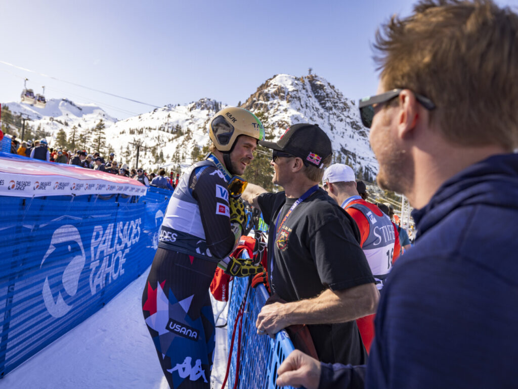 US Ski Team athlete River Radamus with Palisades Tahoe athlete Daron Rahlves.