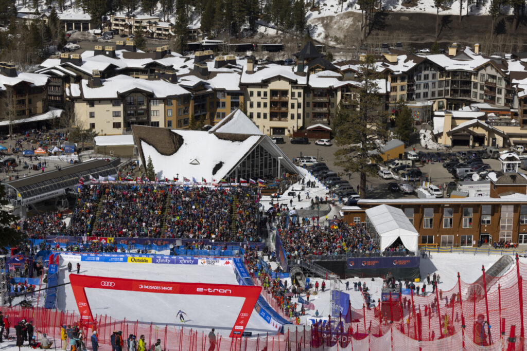 The finish corral and grandstands in front of The Village at Palisades Tahoe.