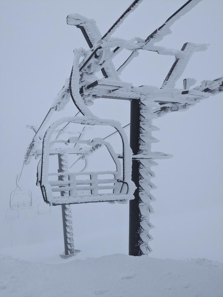 A frozen chairlift at Palisades.