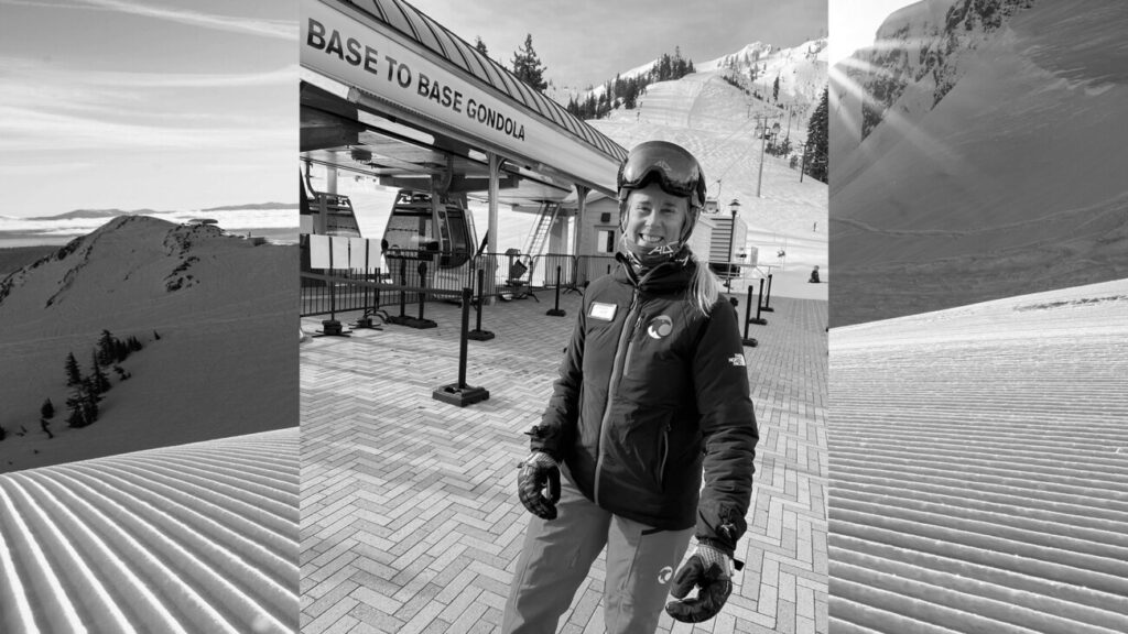 Alby Dean, Master coach at Mountain Sports Ski School stands in front of the Palisades Tahoe Base to Base Gondola just before teaching a Women of Winter clinic.