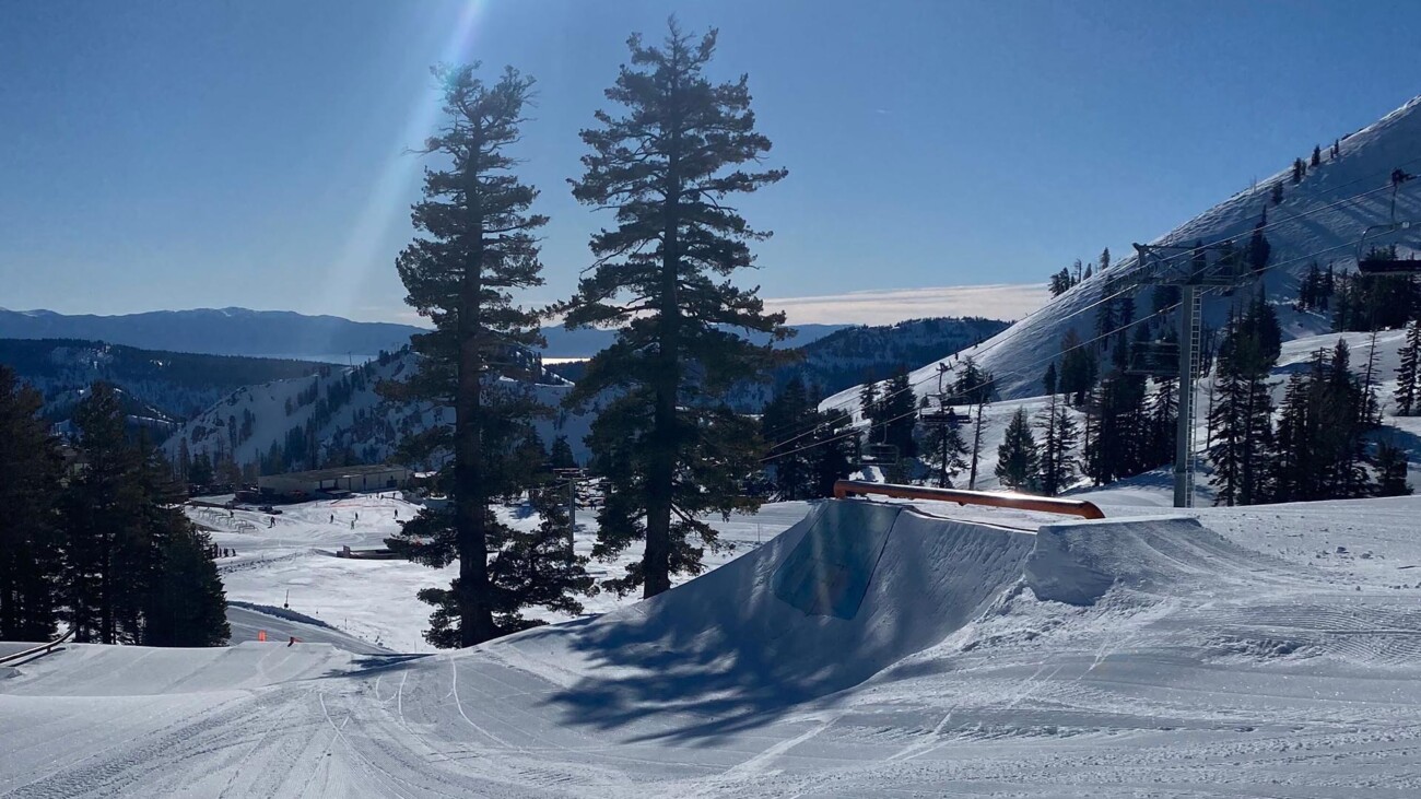 Terrain Parks at Palisades Tahoe in the sun.