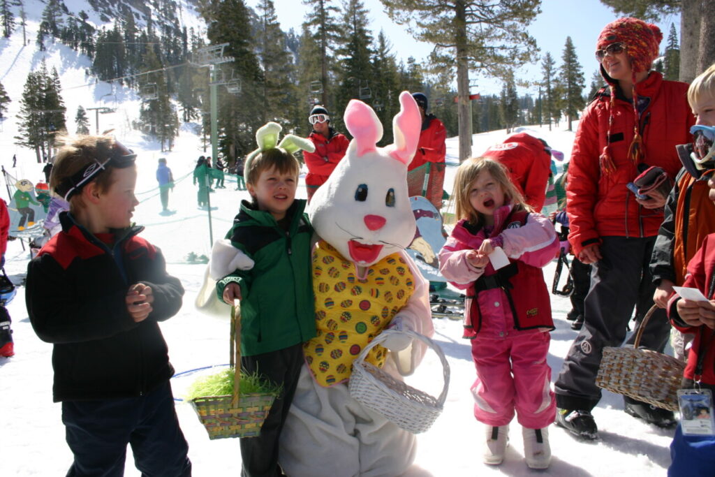 Kids enjoying an Easter Egg Hunt at Palisades Tahoe. 
