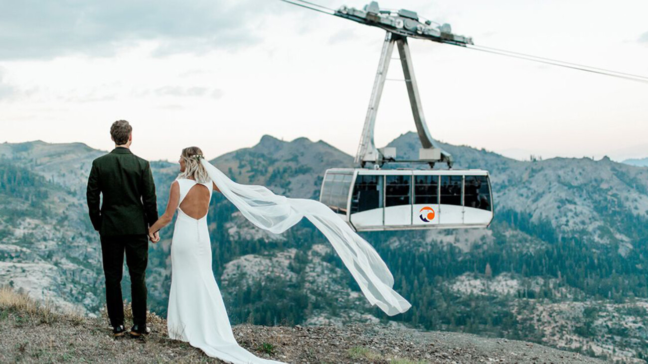 Bride and groom overlook Aerial Tram.