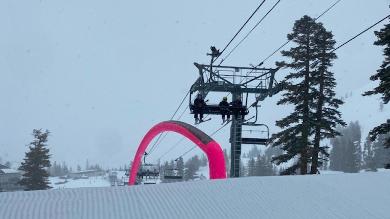 A terrain parks feature painted pink for B4BC in 2024.