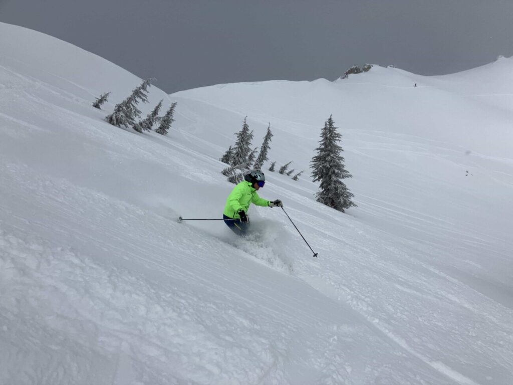 Skier skiing deep powder on snowy mountain at Alpine ski resort