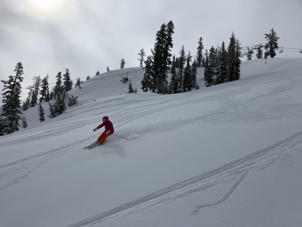 skier making fresh tracks in deep powder snow at alpine meadows resort