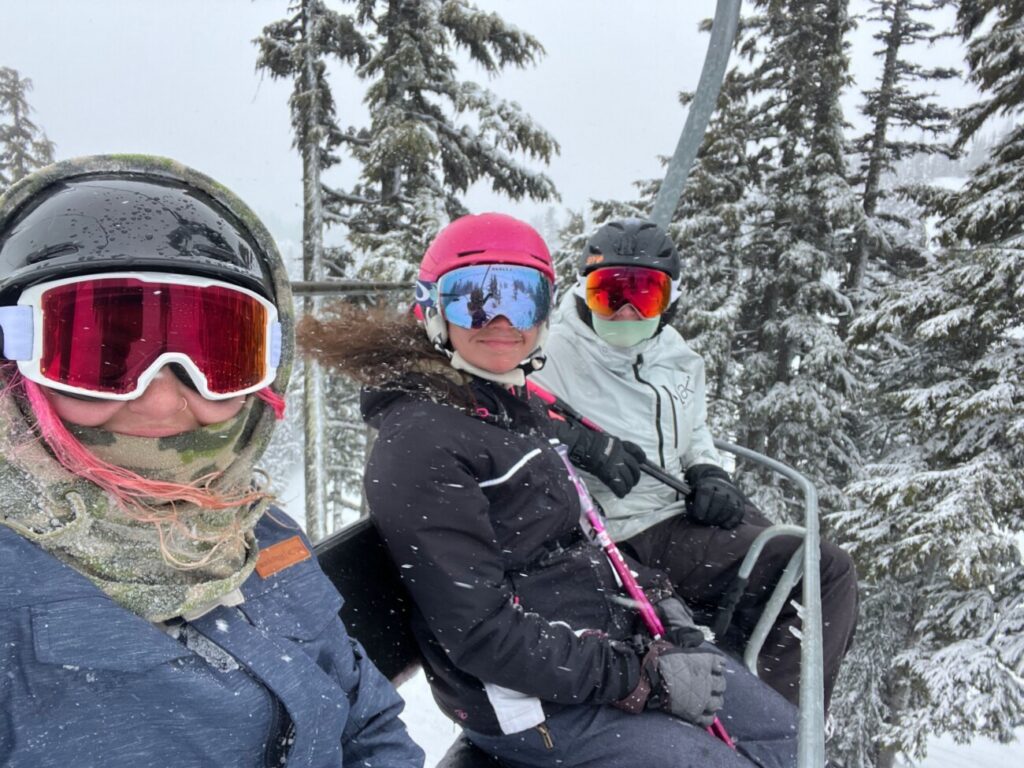 Liz Worgan, Allison Brown, and Kaitlyn Raela skiing at Mt Hood Meadows.