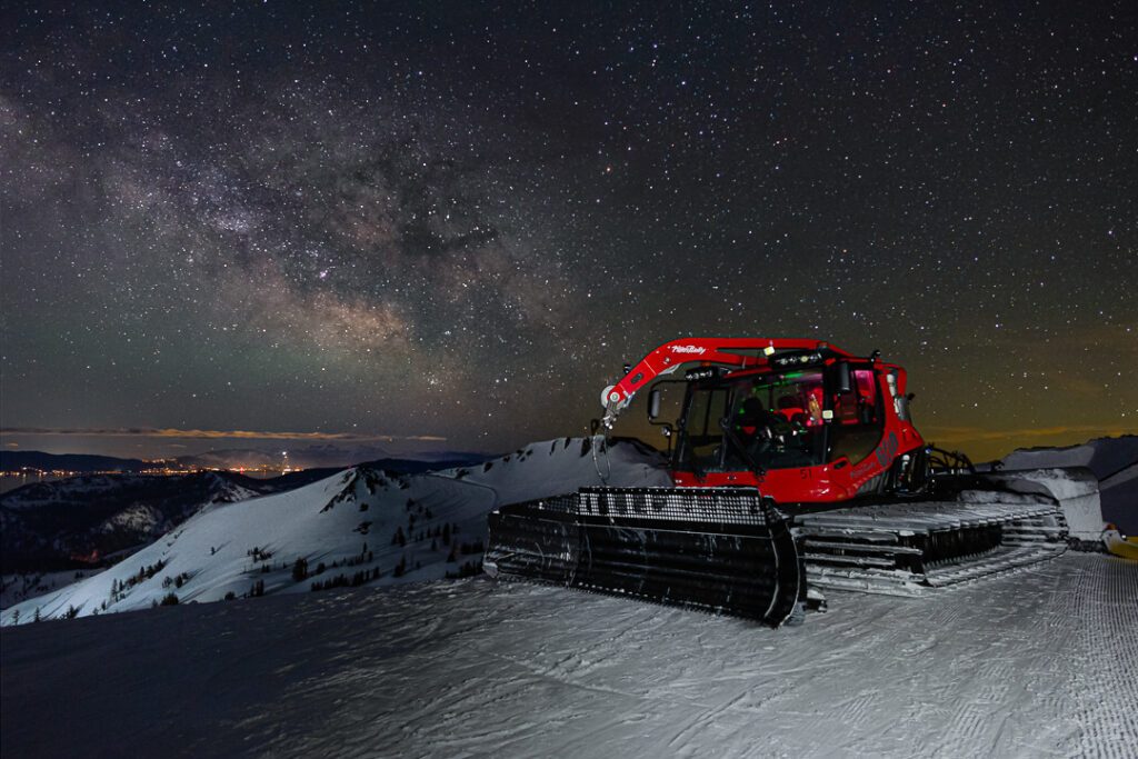 A snowcat in front of the Milky Way. Captured by Nick McMahon.