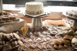 Array of pies and desserts at Thanksgiving dinner