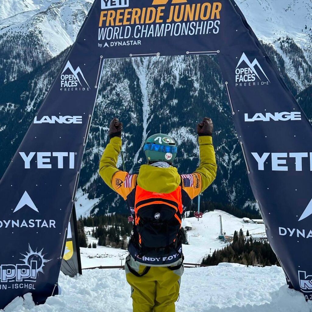 Indy Boyer at the start gate of the Junior Freeride World Tour Championship.