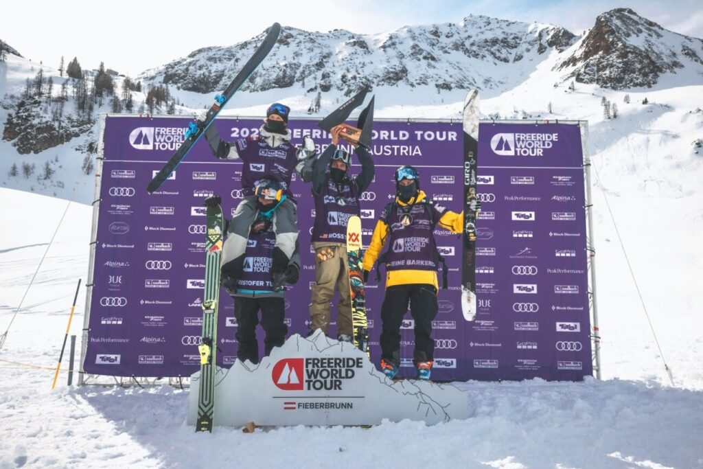 Ross Tester podium photo after winning 1st place at the Freeride World Tour competition in Fieberbrunn, Austria