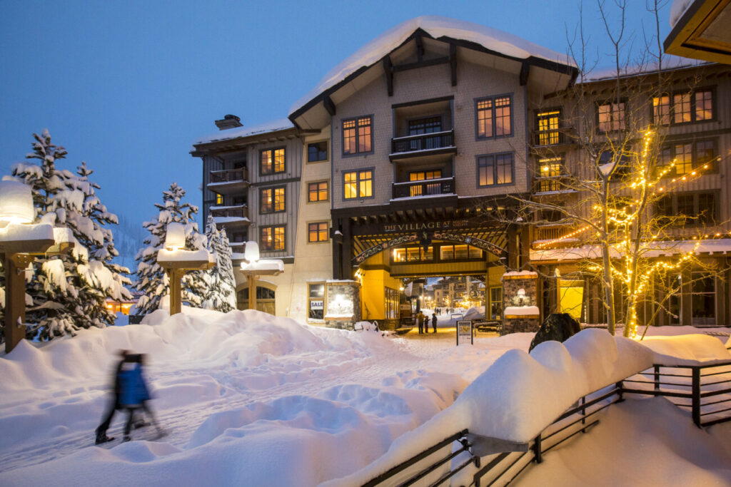 The Village at Palisades Tahoe with snow