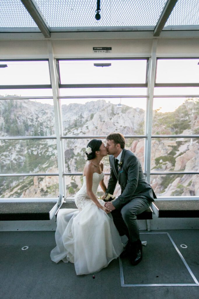 Couple riding the Aerial Tram to their wedding ceremony