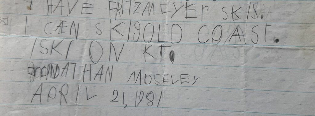 Jonny Moseley letter from 1981 about skiing