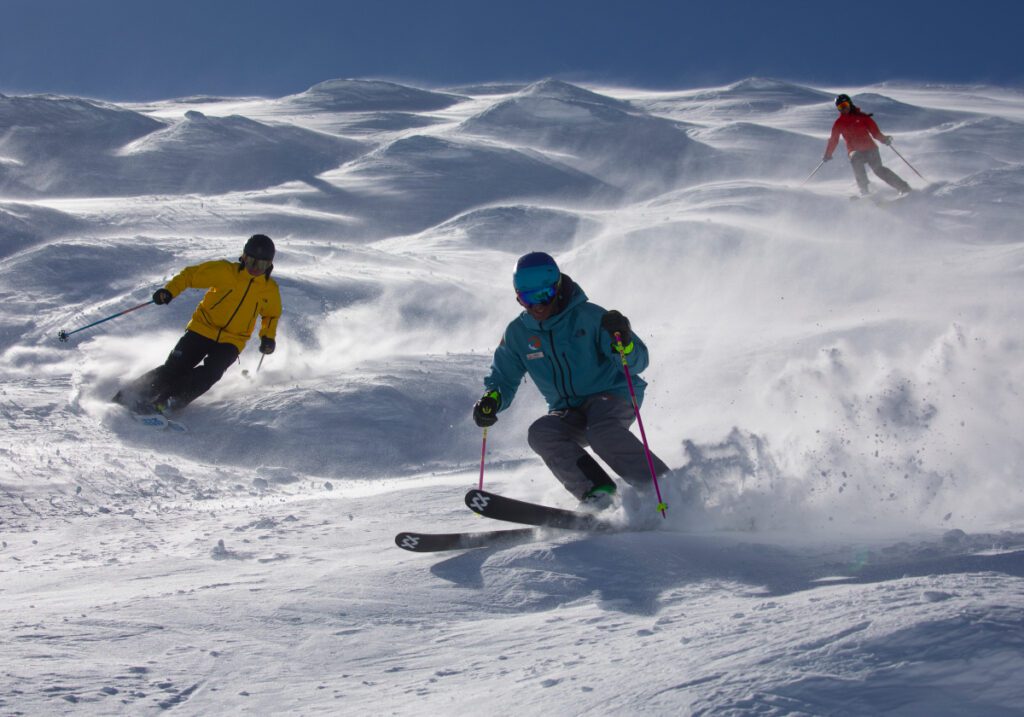 Skiing moguls with a guide