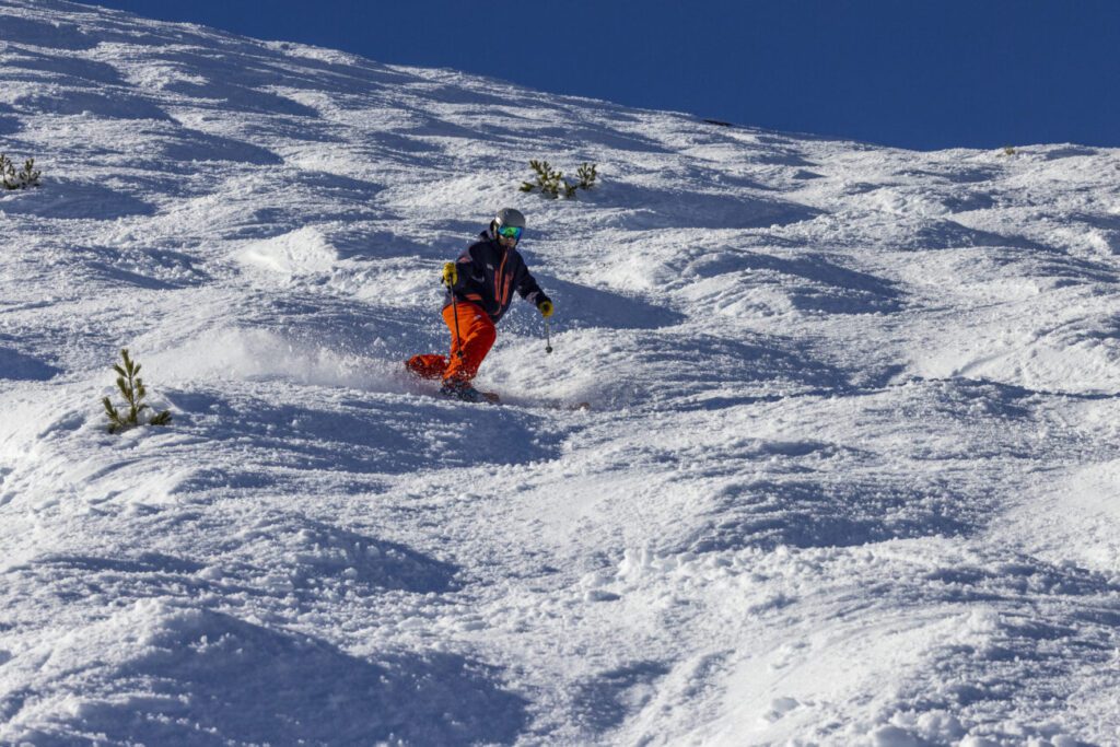 Telemark skier on moguls