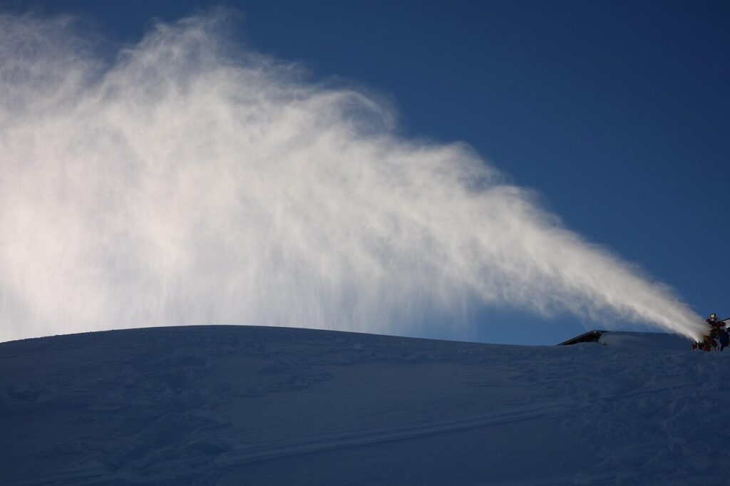 snow, sleet, spray, nature, fog, sun, backlighting, snow cannon, snowmaking