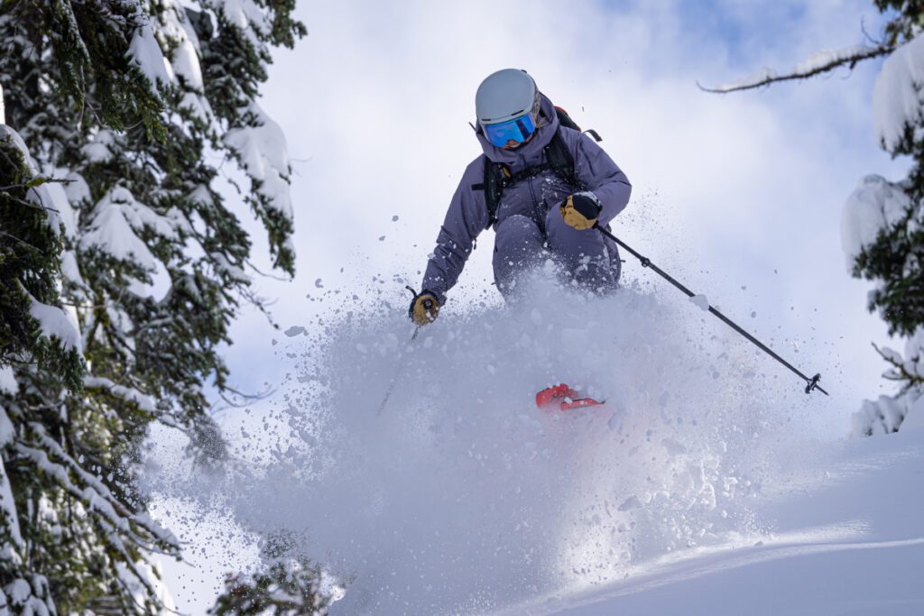 Amie Engerbretson skiing on a powder day