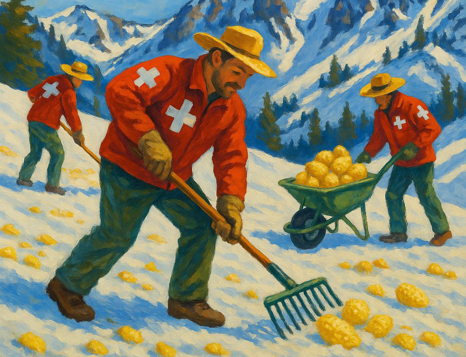 Three patrollers in an AI image of harvesting corn snow