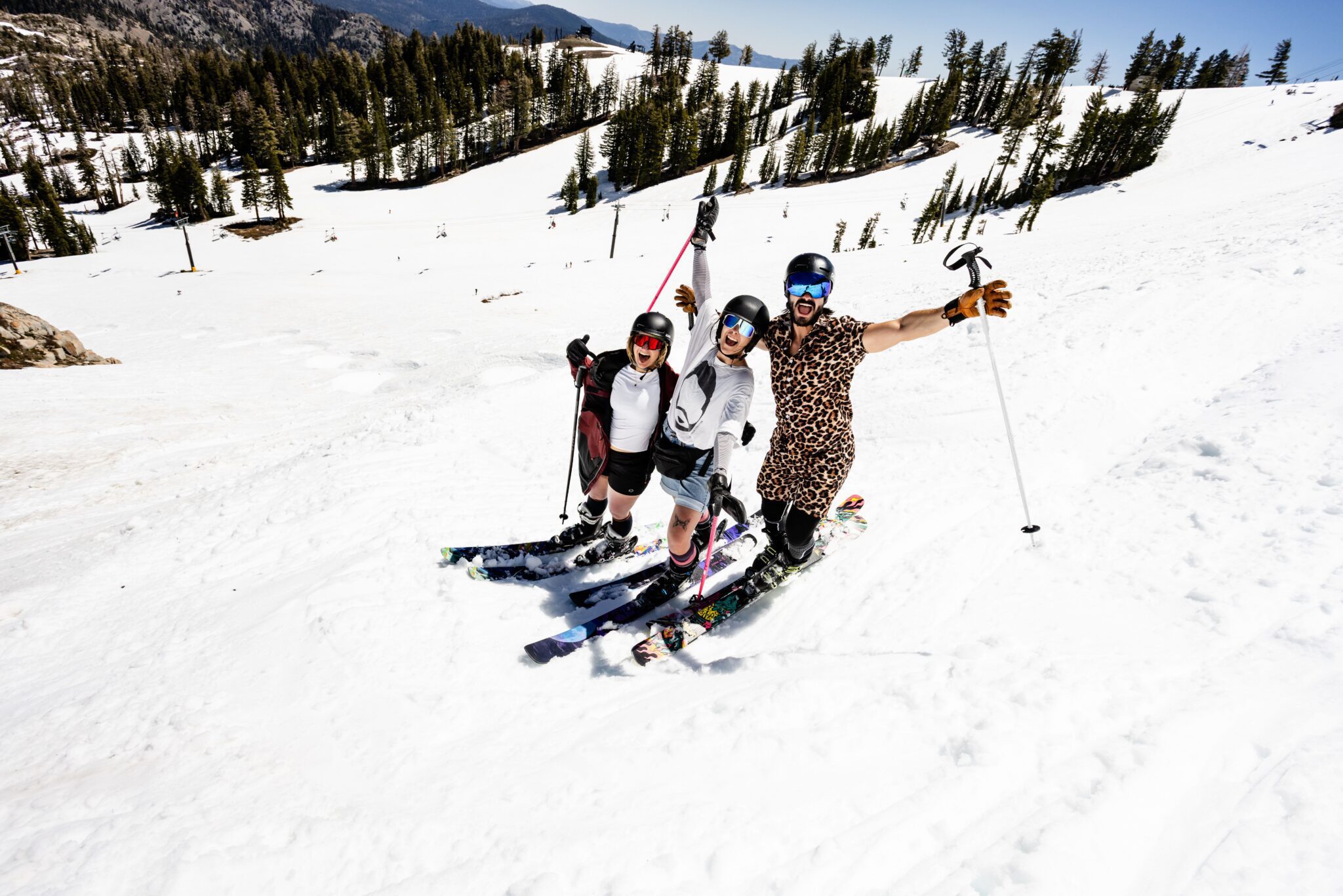 Crew of friends enjoying spring skiing
